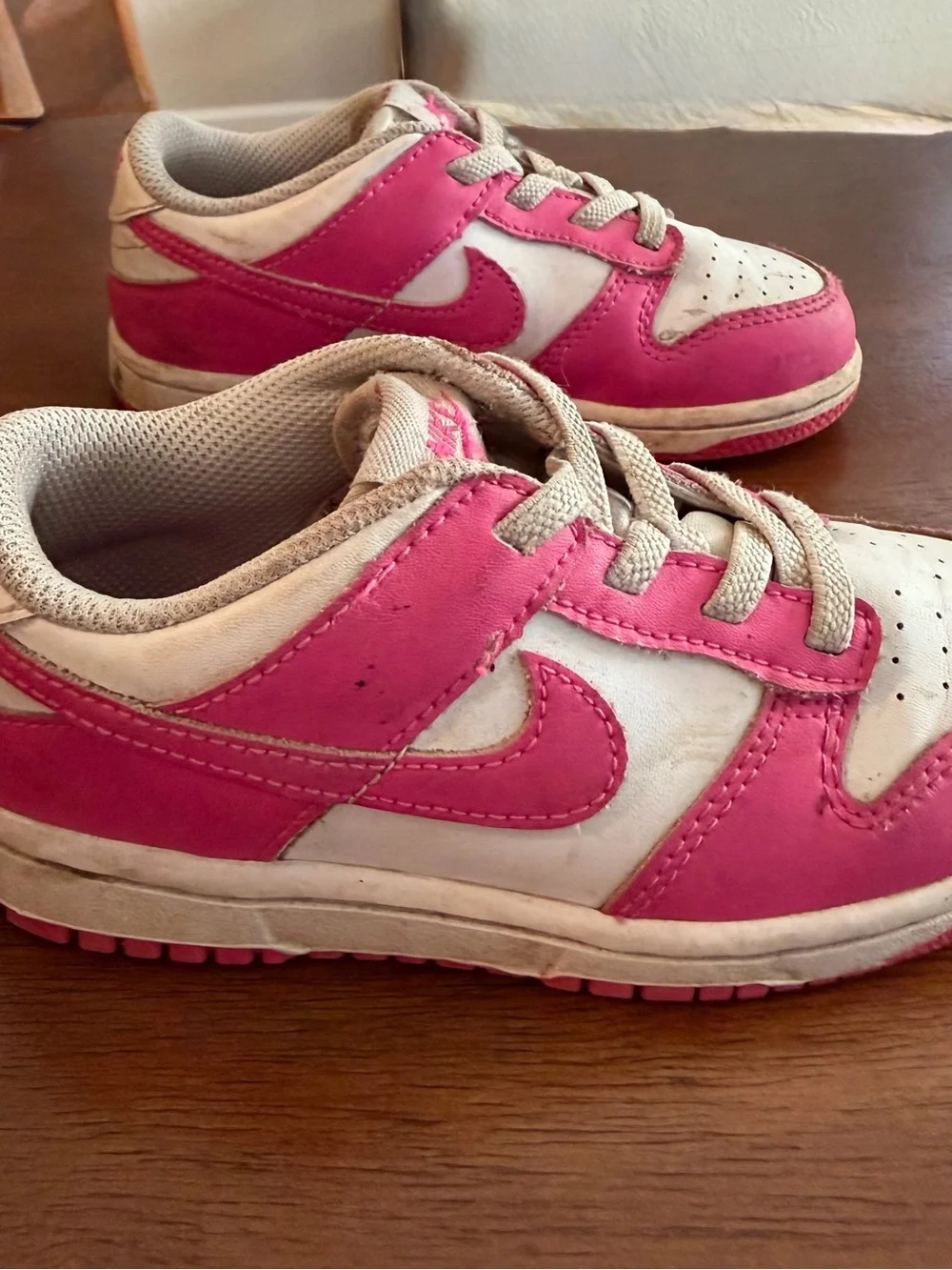 Nike Kids Pink and White Low-Top Dunks. Slip on. Size 10c